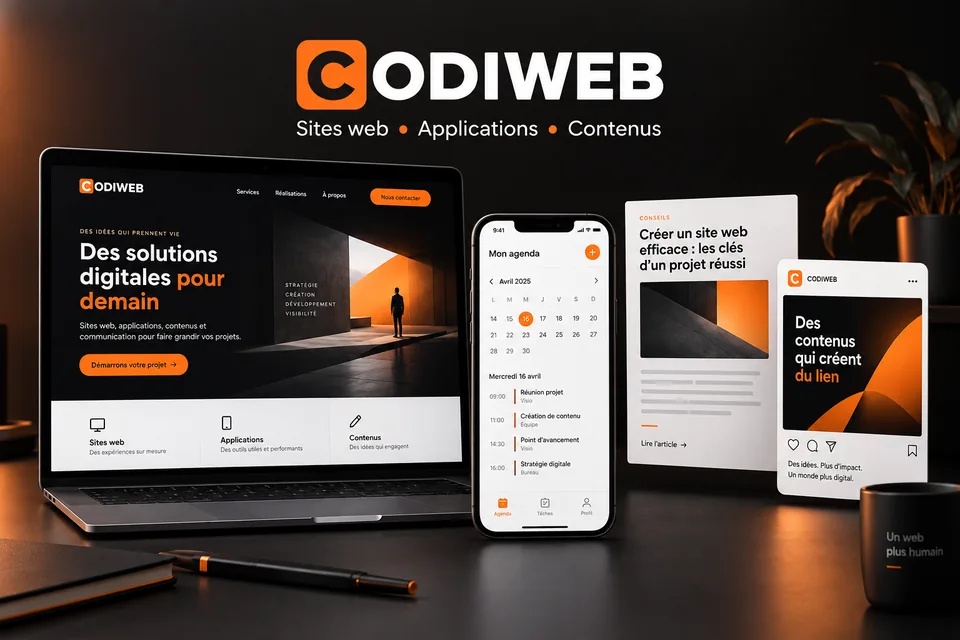 Illustration des services Codiweb : site web sur ordinateur, application mobile et contenus éditoriaux.